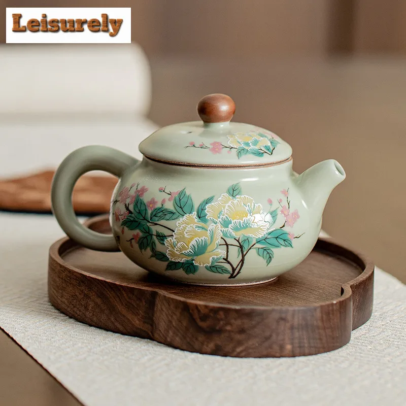 180ml Ancient Pea Green Ru Kiln Teapot Hibiscus Flower Vine Pot Tea Maker Ball Hole Filter Kettle Tea Services Accessories Gift