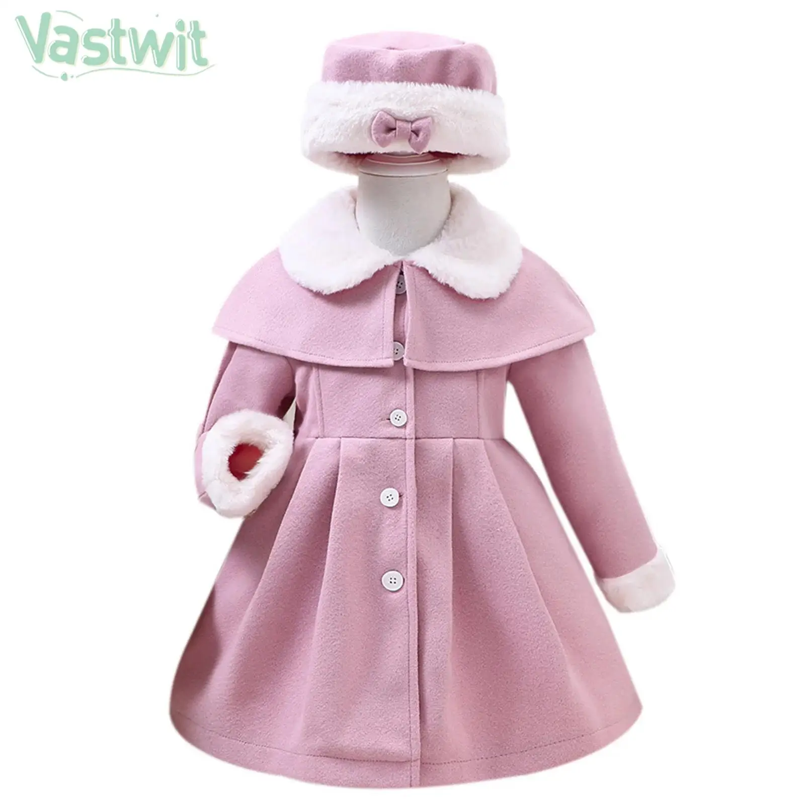 

Little Girls Fashion Casual Winter Warm Dress Coat Peacoat Long Sleeve Button Down Faux Fur Woolen Jackets Outerwear with Hat