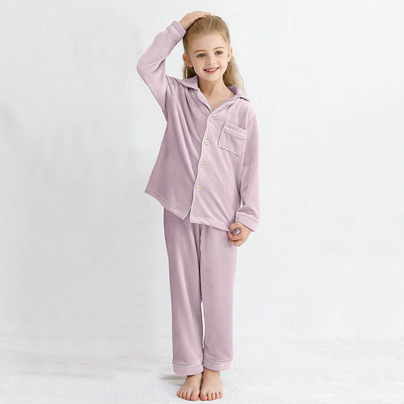 

2pcs Baby Boys Girls Solid Pajamas Kids Soft Cotton Top Pant Long Sleeve Solid Button-Down Pajamas Set Nightgown Child Sleepwear