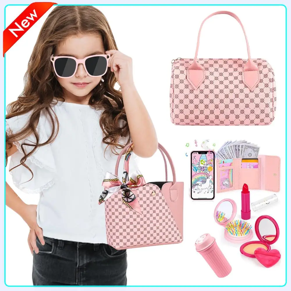 Little Girls Play Purse Princess Gifts Play Purse Set Cell Phone/Makeup/Keys Credit Card/Water Bottle/Sunglasses for Girls