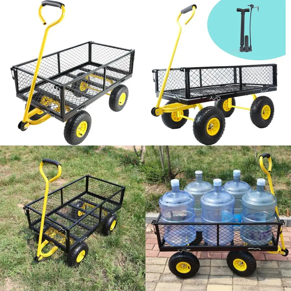 عربة حديقة فولاذية شديدة التحمل بسعة تحميل 400 رطلاً، وجوانب شبكية قابلة للإزالة و180 ° مقبض دوار #1