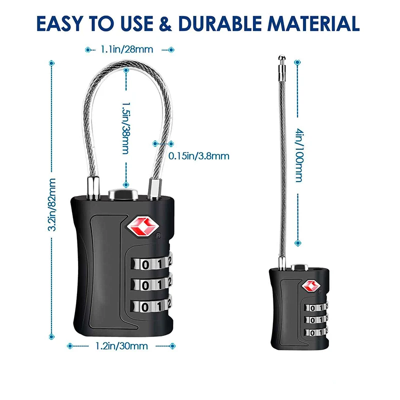 TSA Approved Luggage Locks, Combination Travel Cable Padlock, Resettable TSA Accepted Locks for Lockers, Bags, Gym, Gate
