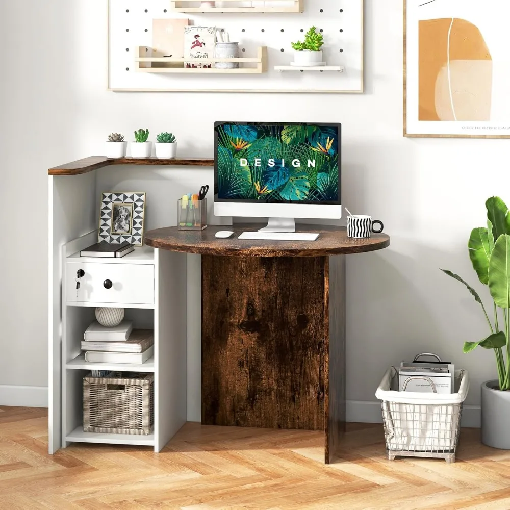 Front Counter Desk with Lockable Drawer, Checkout Table with Round Tabletop, Corner Shelf & Adjustable Shelf