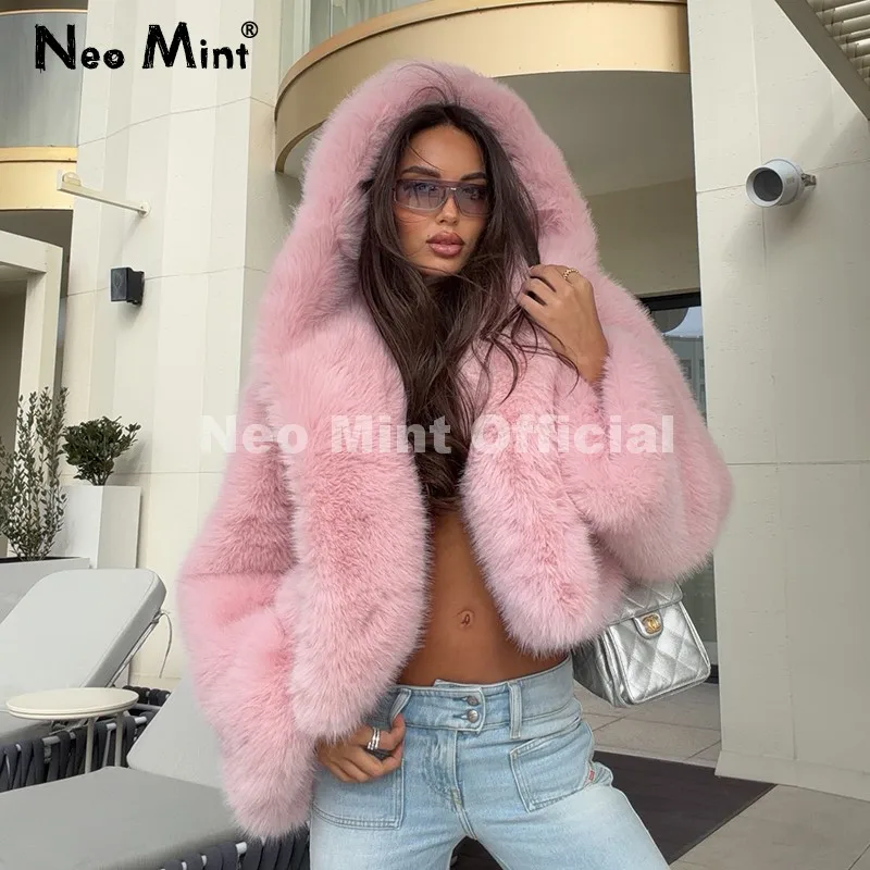 Neo Mint Winter 2026 Sweet Girls Pink Hooded Cropped Eco Fur Coat Women Thick Warm Fluffy Faux Fox Jackets Short Overcoat Female