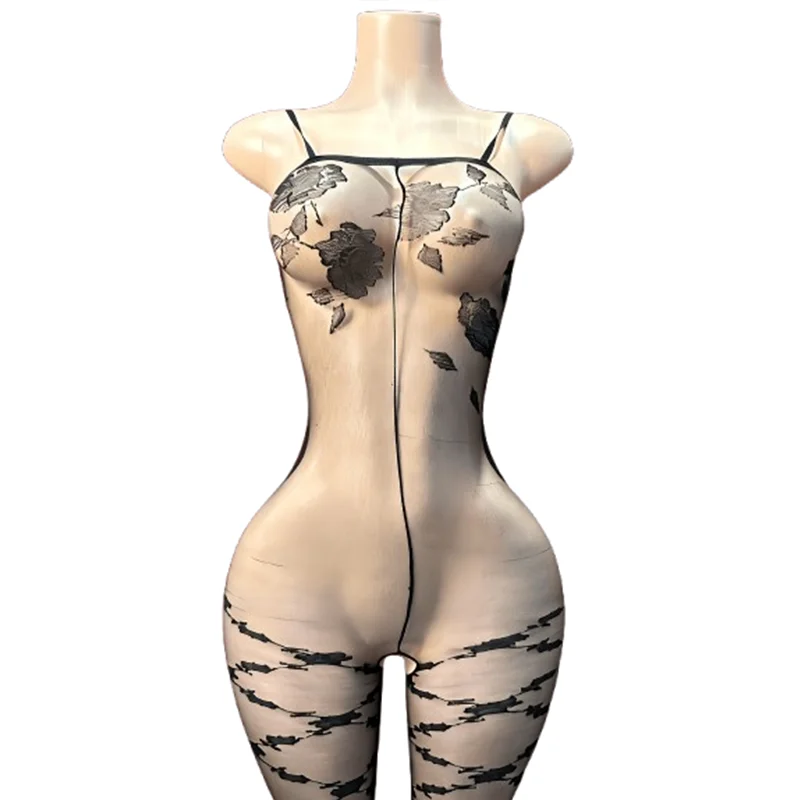 1-Piece Roleplay Uniform Set – Black Printed Cut-Out Open-Crotch Bodysuit – Club-Themed Party Outfit – Seductive Cosplay Uniform