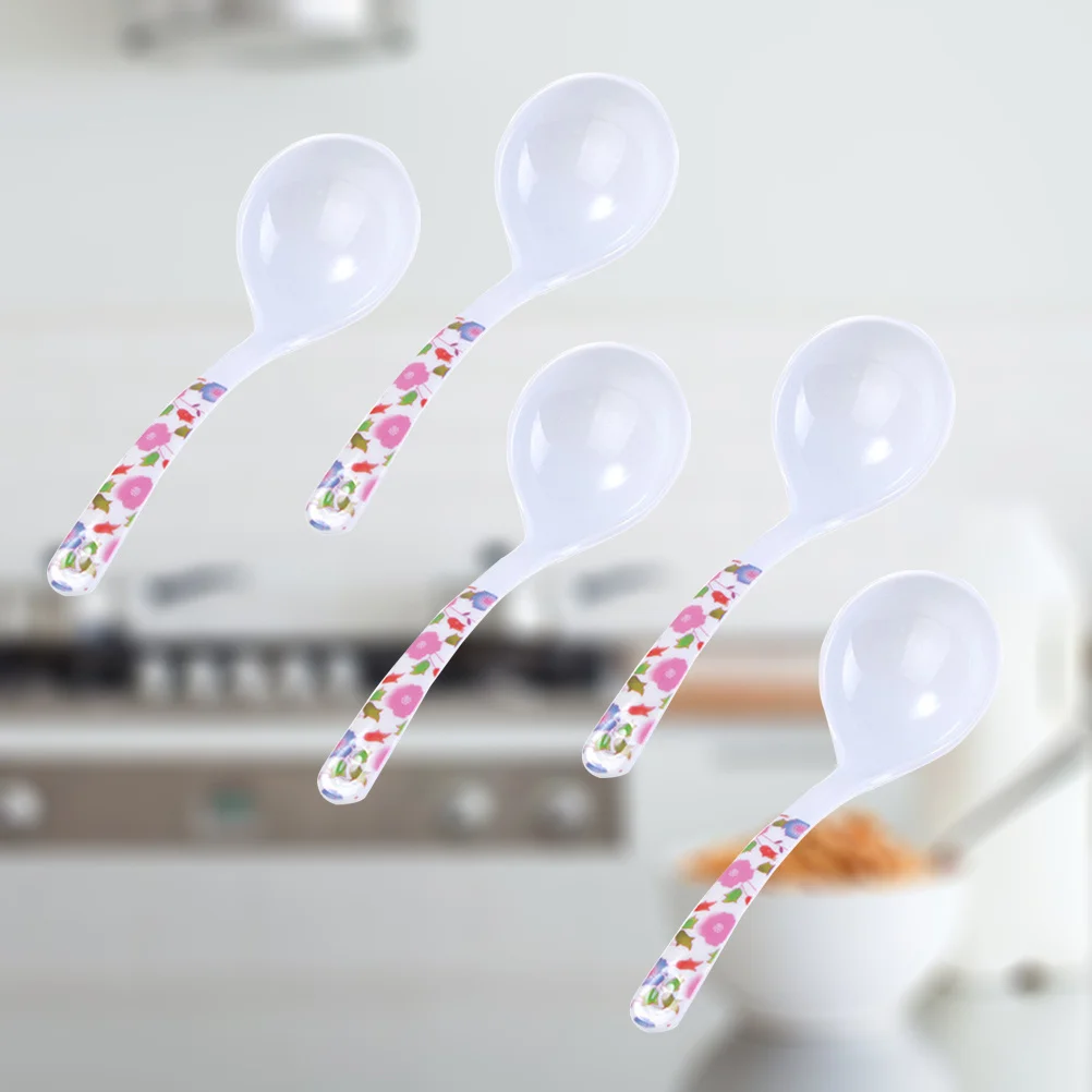 

5Pcs Plastic Soup Spoons Large Capacity Kitchen Ladles for Eating Soup Porridge Rice Stylish Printed Handle