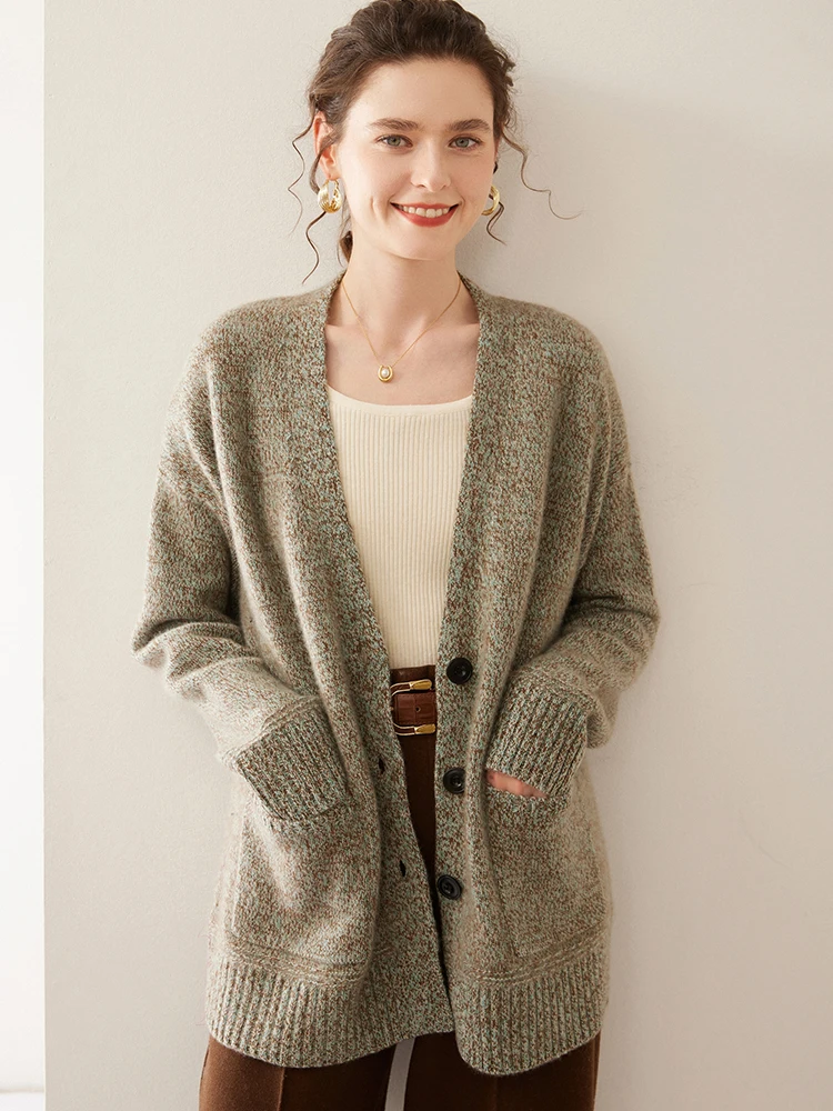 Luxury Women's Clothing 100% Cashmere Sweater V-Neck Mid-length Cardigan Autumn Winter Female Grace Knitwear Casual Loose Coat