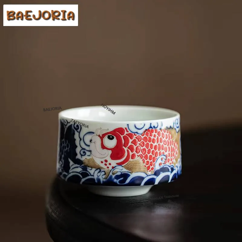 2-teiliges Set Chinesische Drachenfisch-Keramik-Teetasse Handgefertigte Meistertasse Großmündiger Gerader Becher Puer-Tee-Schale Trinkgeschirr Kung-Fu-Teegeschirr