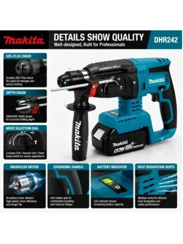Makita DHR242 100% Original Bohrhammer, 18V Bürstenloser Hochleistungs-Akkuhammer, 2J Schlagkraft, 24mm Betonbohrung, 4700 IPM, 3 Betriebsmodi