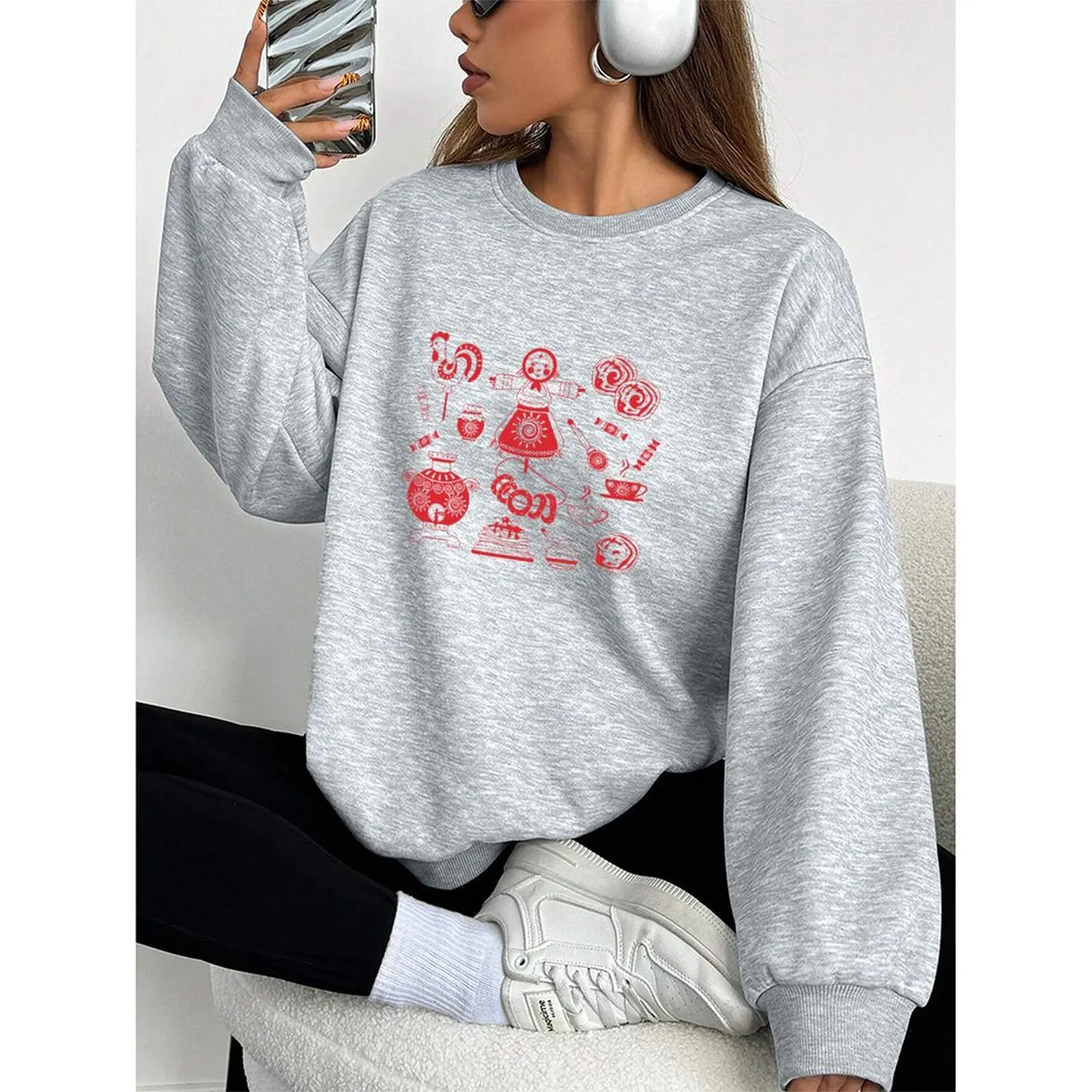 

Round Neck Women Sweatshirt Velvet Winter Casual Novy God Russian New Year Printed Pattern Woman Clothes Casual T-Shirts Tops