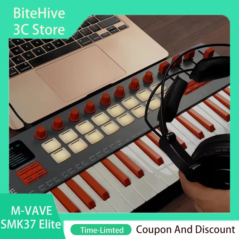 M-VAVE SMK-37 Elite MIDI Keyboard with Weighted Keys 16 Pad, 8 Encoders, Battery Powered, DAW & IOS Compatible