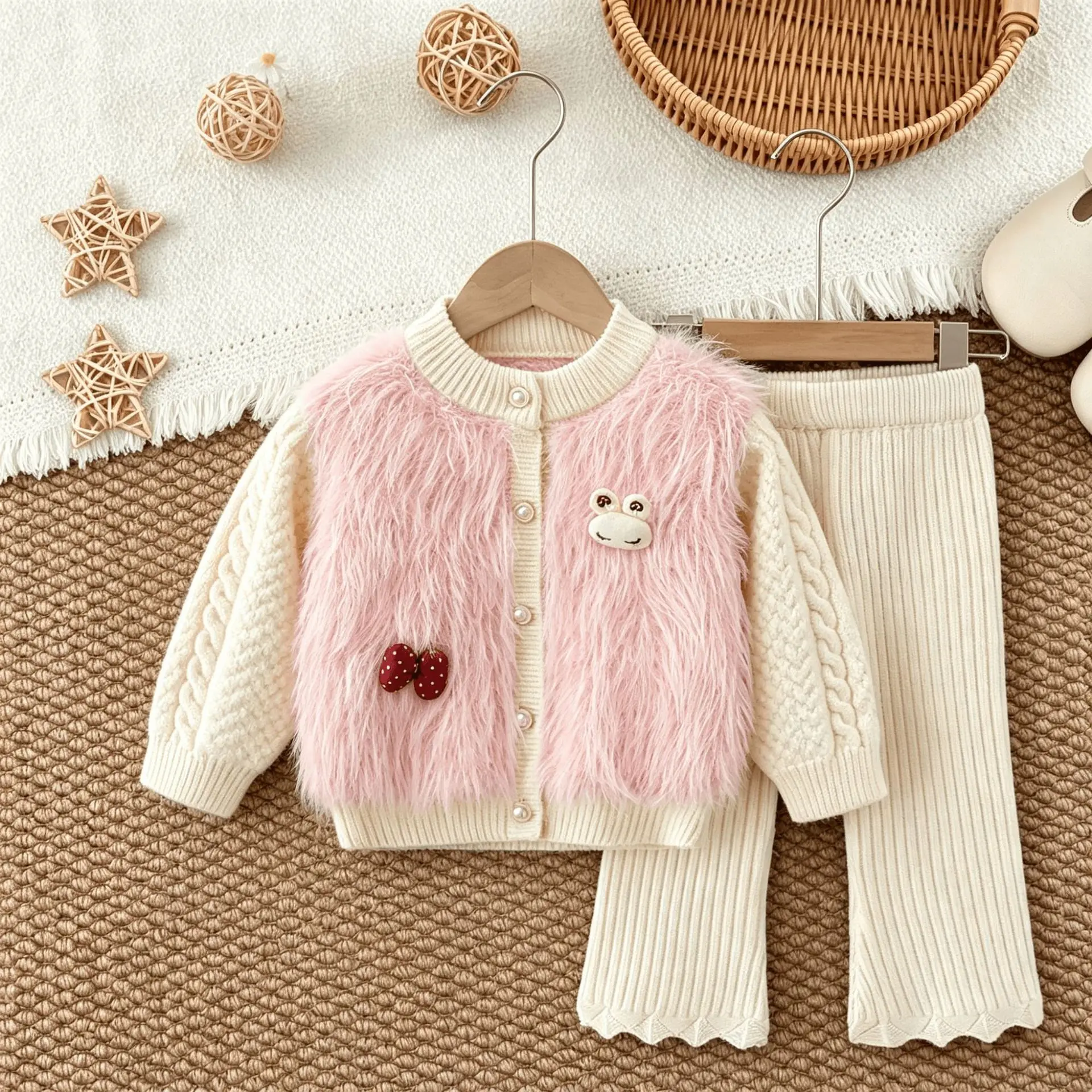 Girls Knitted Clothes Sets Spring Autumn Children Woolen Jersey Sweaters Fur Coats Pants Fahion Suit For Baby Cute Outfits Kids