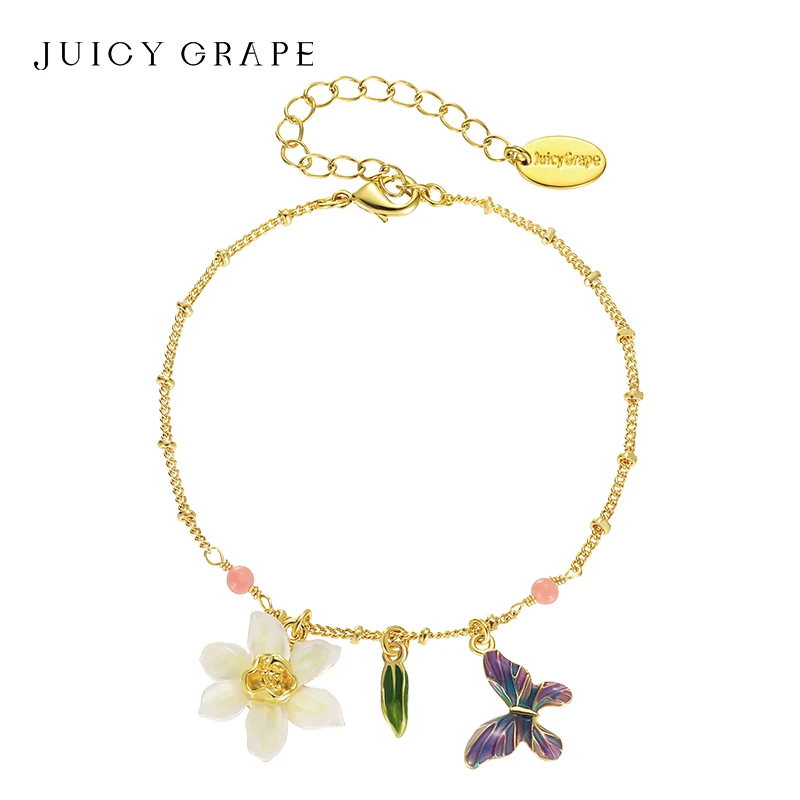 Juicy Grape Daffodil Butterfly Bracelets for Women 18K Gold Plated Enameled Craft Adjustable Chain Design Birthday Party Jewelry