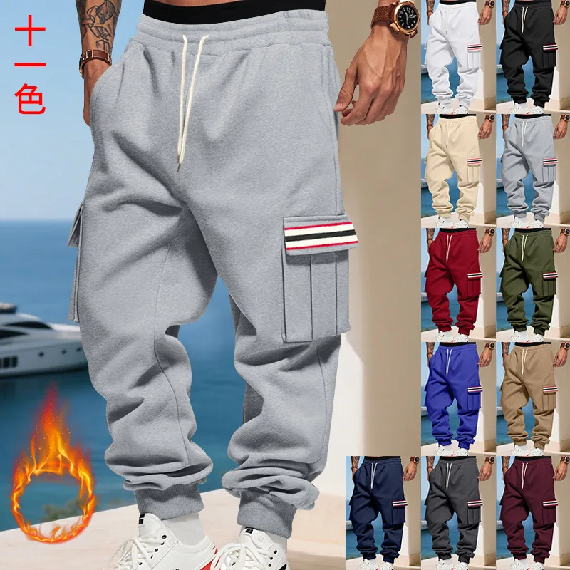 

Men's Fleece Warm Pants Autumn Winter Casual Trendy High Street Outdoor Sports Workwear with Colored Webbing