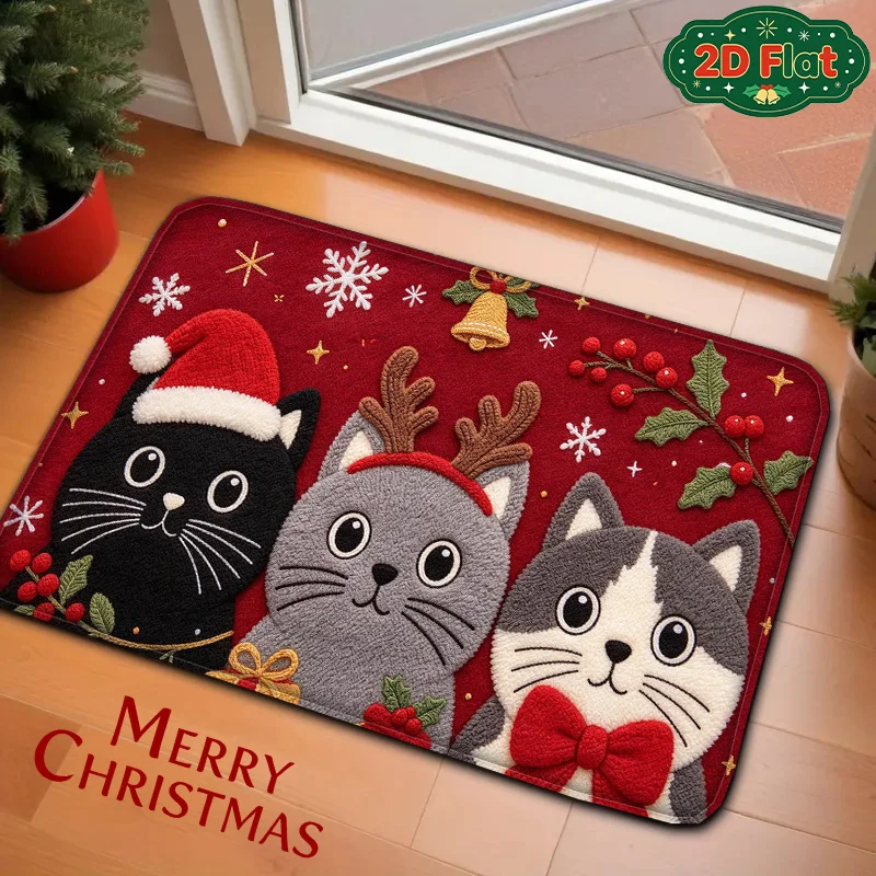 2D Flat Christmas Cats Santa Hat Reindeer Horn Printed Door Mat, Holly Bell Snowflake Holiday Decor, Indoor Outdoor