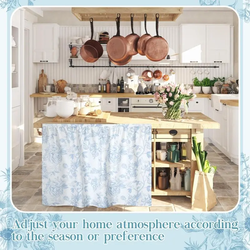 VIKAMA Blue Floral Rose Rod Pocket Under Sink Skirt Cabinet Curtain Farmhouse Kitchen Sink Decor Cover - view 2