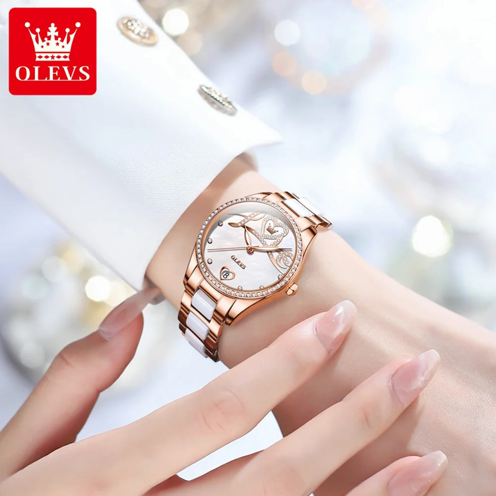 OLEVS 6686 Automatic Mechanical Watch for Women Diamond  “Love” Dial Ceramics Watchband Elegant Ladies Watch Luxury Gift Set