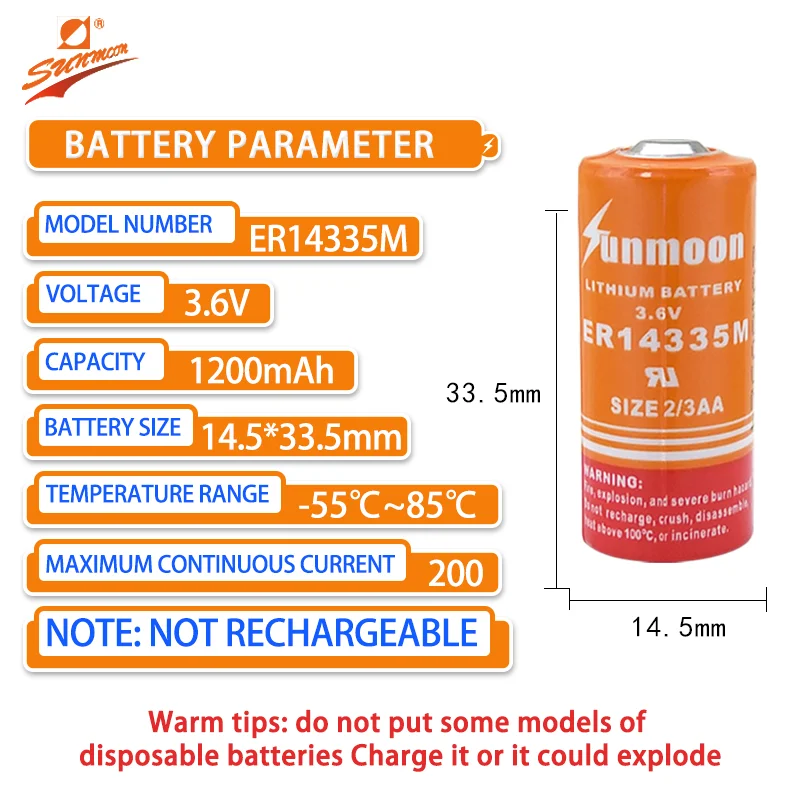Sunmoon ER14335M Lithium battery 3.6V temperature measuring instrument, smoke detector, PLC industrial control servo