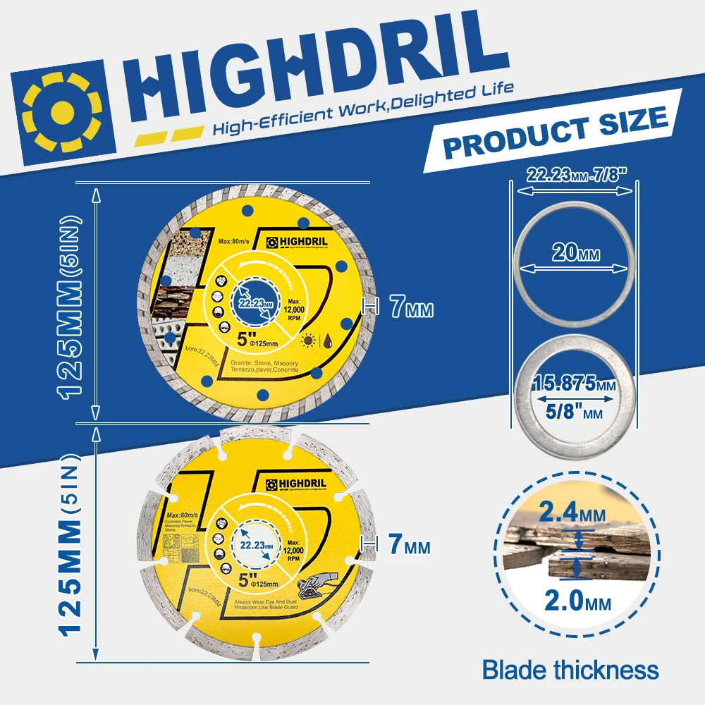 HIGHDRIL Diamond Cutting Disc Kit (Dry + Corrugated) Saw Blade 2pcs/set Dia125mm For Concrete Porcelain Granite Paver Masonry