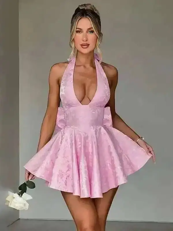 ジャカードウエストラップAラインドレス レディース ミニ丈 2024春夏 エレガントなリボン バックレス セクシー パーティードレス MEH8