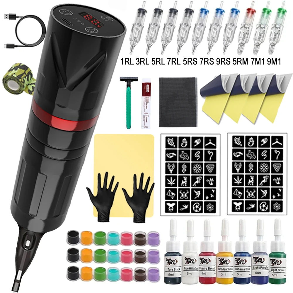 Wireless Tattoo Pen Kit Rotary Coreless Motor Tattoo Machines 1800mAh Power Set with Mixed Cartridges Needle Ink for Body Art