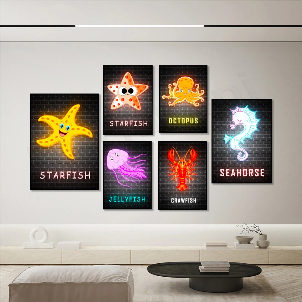 Affiche effet néon animal, calmar, étoile de mer, hippocampe, écrevisse, étoile de mer, méduse, peinture sur toile d'animaux marins, décoration d'intérieur