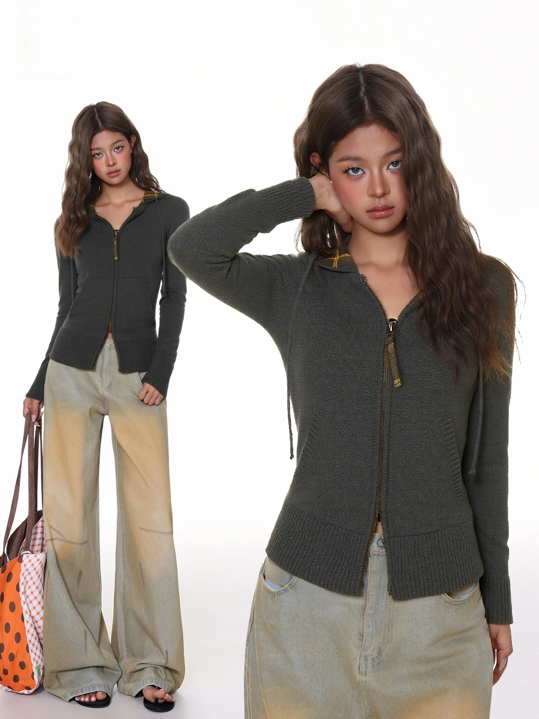 

November Design Double Zipper Plaid Hoodie Women's Autumn Casual Drawstring Short Knitted Sweater Coat Korean Style Slim Fit