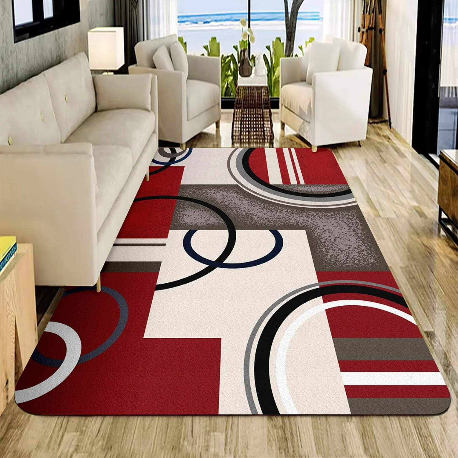Room Decor Rug, Red Gray Circular Ring Geometric Block Print Area Carpet, Contemporary Abstract Line Floor Mat, Non Slip rug for bedroom, rugs for livingroom, home decor, Rectangle Floor Carpet For Entrance