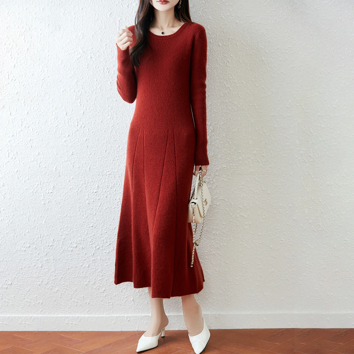 女性ロングドレス 100% メリノウールセーター O ネックスリムセクシーなニットウェア秋冬カジュアルファッション服女性シックなドレス