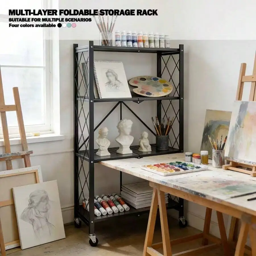 -Heavy-Duty Folding Storage Rack With Wheels – Portable Multi-Tier Floor Standing Shelving Unit, No Assembly Required, Ideal For