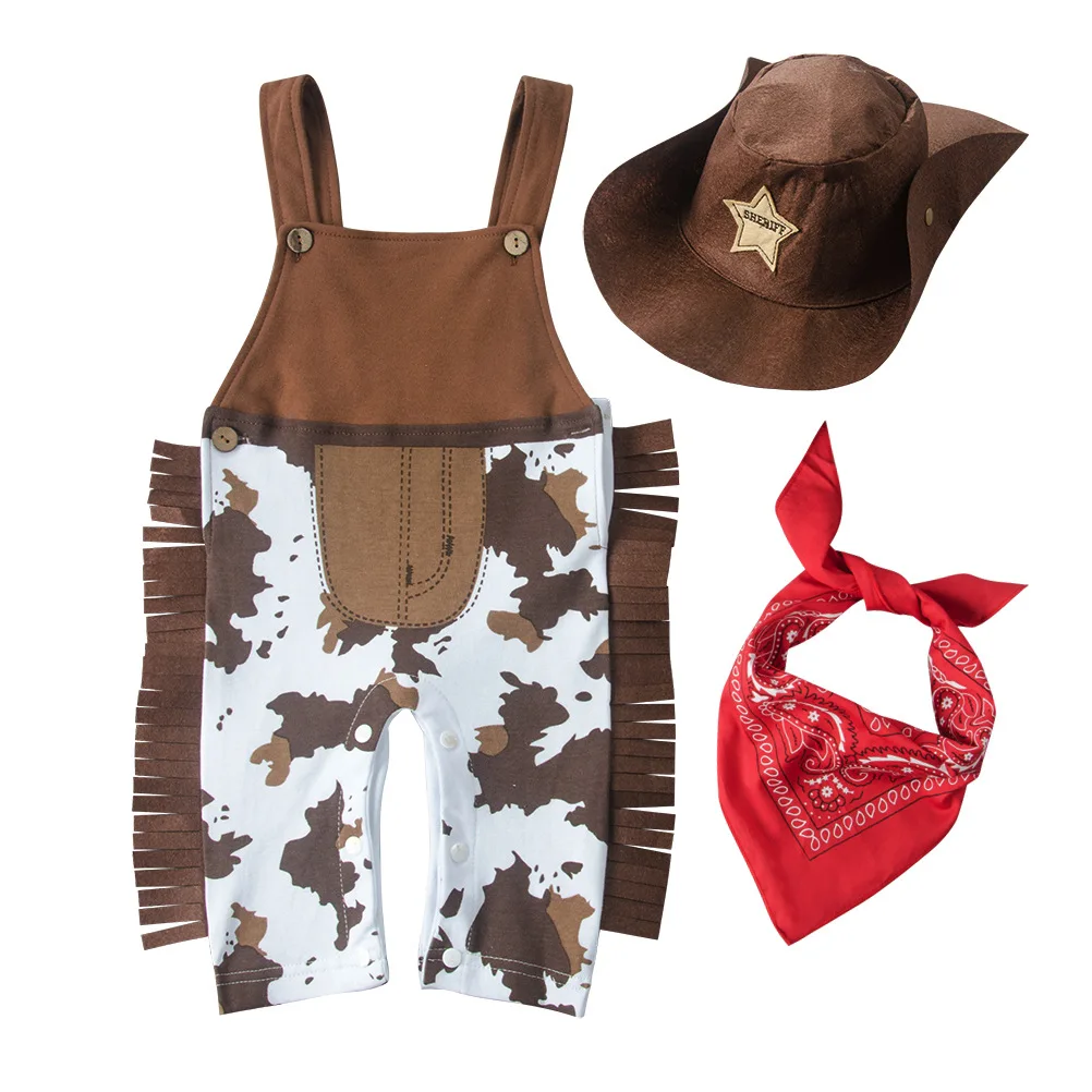 

Baby Boys Western Cowboy Romper Sets with Scarf and Hat Toddler Carnival Fancy Dress Cosplay Party Costume Infant Outfit