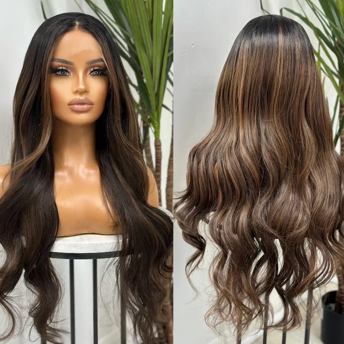

13x4 Ombre Chocolate Brown Highlights Lace Front Wig Heat Friendly Fibres Brunette Loose Wave Middle Part Realistic Look Wigs