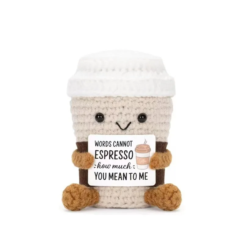 

Handmade Crochet Coffee Cup Plush Doll Cute Positive Inspirational Card Series Christmas Decor Gift For Coffee Lovers