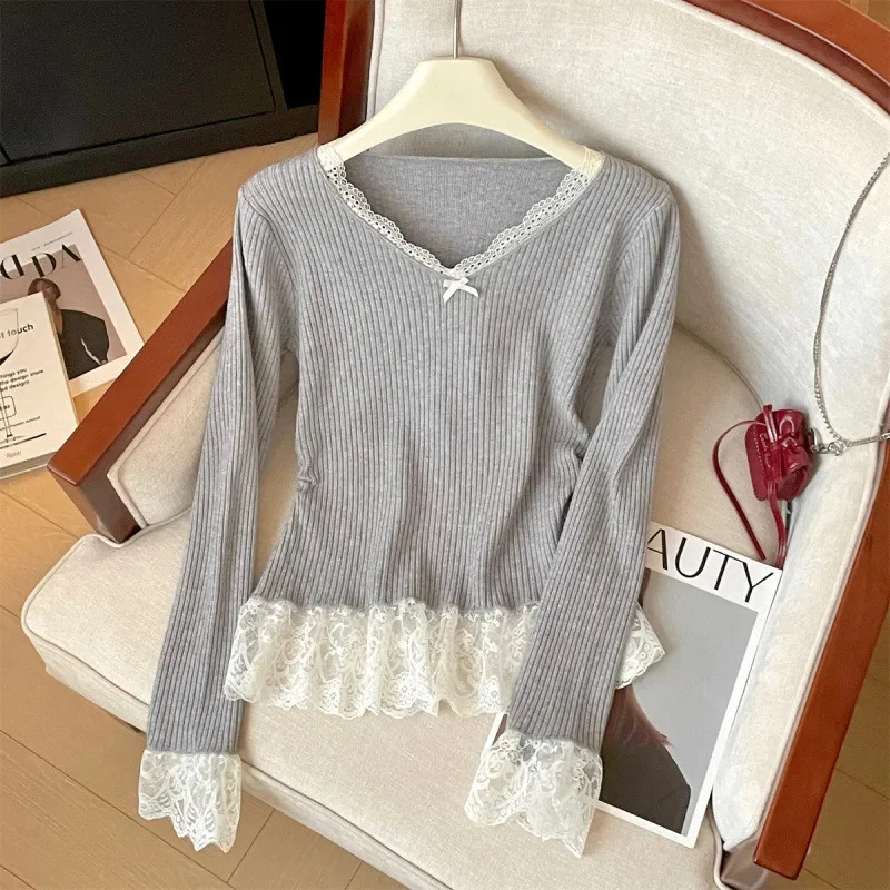 Knit Bow Lace Top Shirt Women Autumn Winter Y2K Gray Sweet Short Style Inner Layer Commute Plong Sleeved Top V-neck Coats New