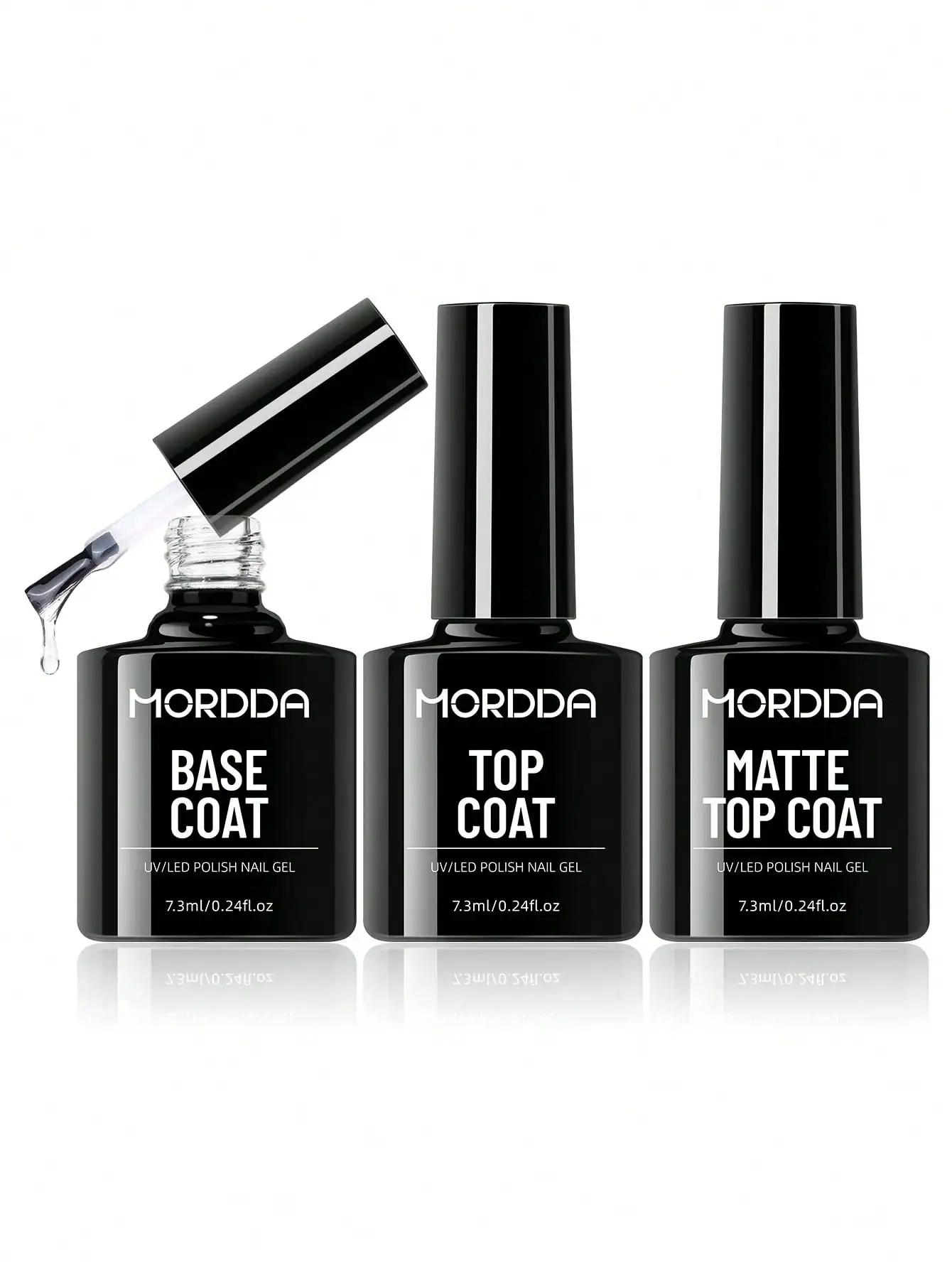 3 pièces manteau de base, couche de finition et couche de finition mate. Gel UV LED Soak Off, 7,3 ml chacun. Longue durée, haute brillance