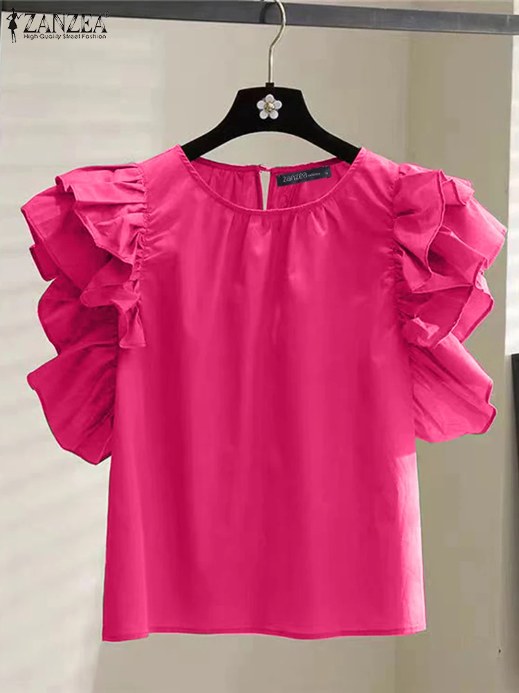 ZANZEA 2025 بلوزة الصيف الكورية موضة المرأة كشكش أكمام تانك القمم عادية مطوي تونك شيك فضفاض تكدرت Blusas فام