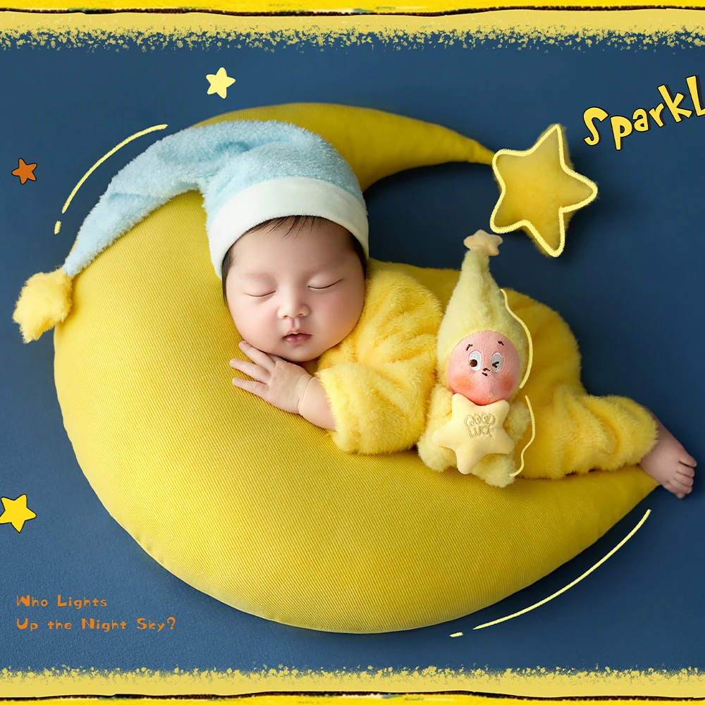 Newborn Photography Props Kit Plush Nightcap+Baby Jumpsuit Yellow Moon Baby Posing Pillow Stars Prop Studio Shooting Accessories