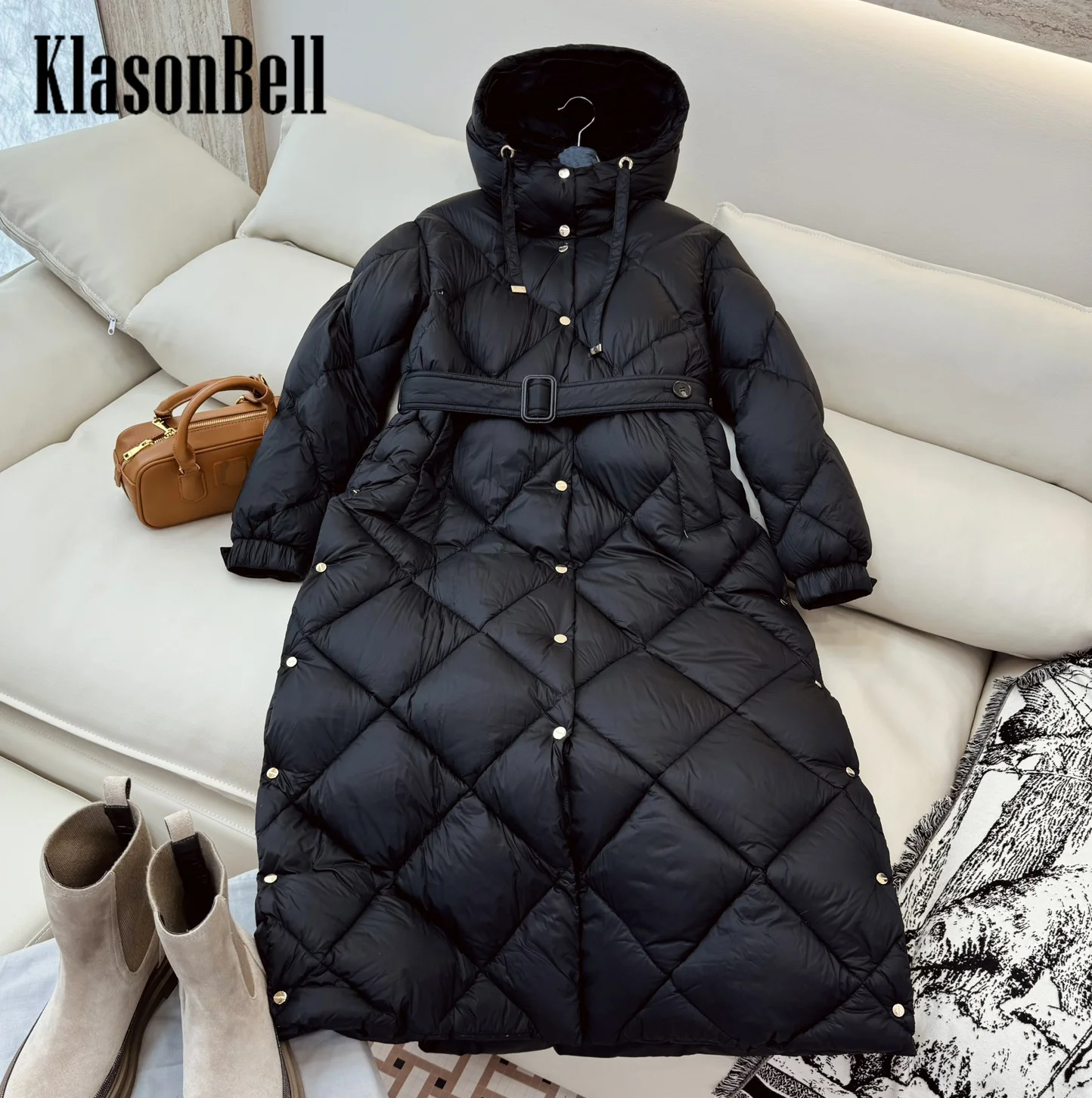 9.5 KlasonBell Women Quilted Argyle Plaid Hooded Goose Down Outerwear Long Sleeve Sashes Slim Long Keep Warm Down Jacket