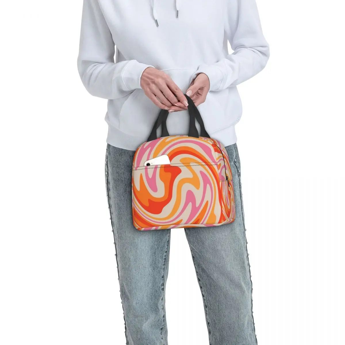 Retro Swirl Kleur Abstracte Psychedelische Geometrische Print Lunchtas Vrouwen Warme Koeler Geïsoleerde Lunchbox Voor Kinderen Schoolvoedingstassen