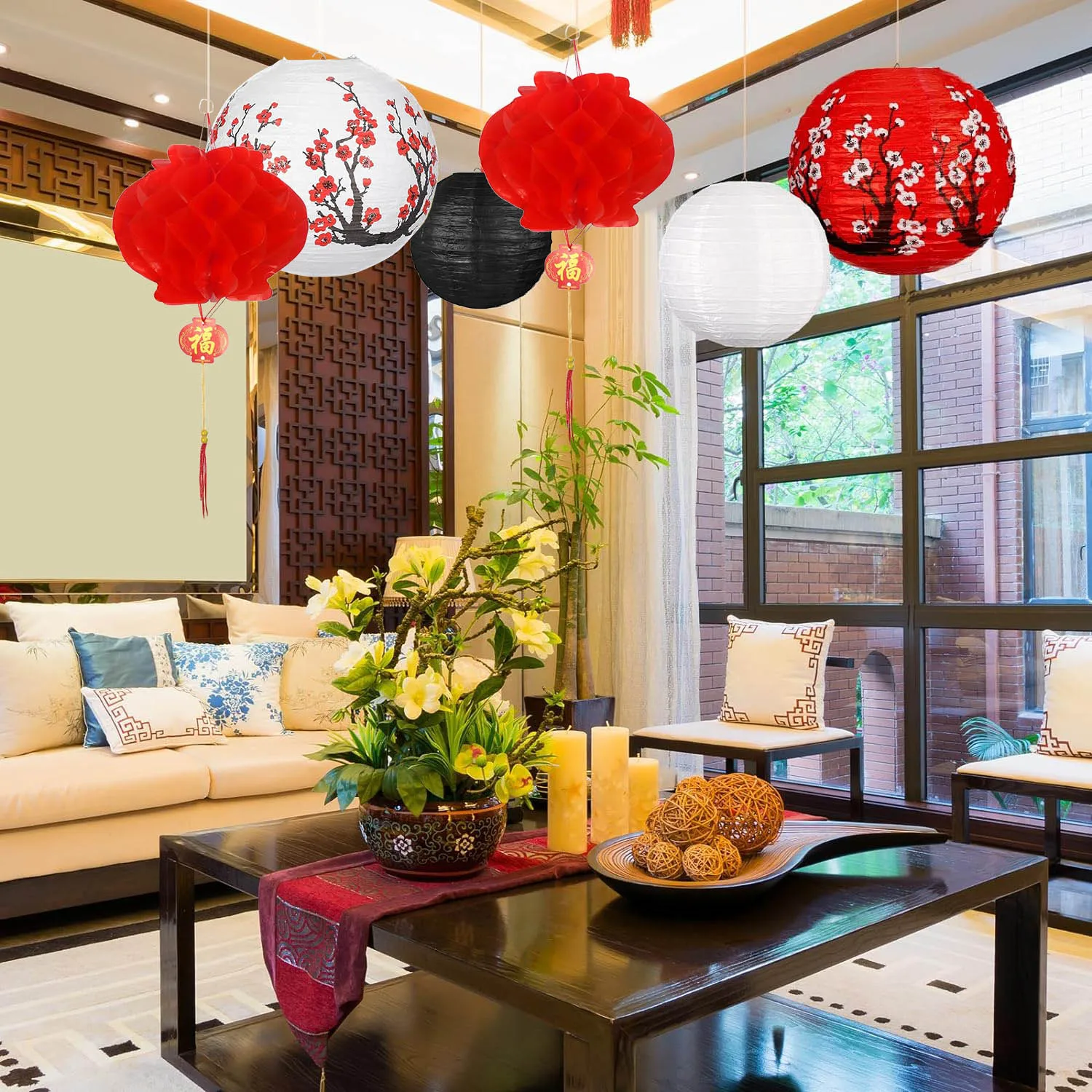 Chinesische japanische hängende Papierlaternen mit Kirschblüte – runde Hochzeit, Geburtstag, orientalisches Restaurant, Zuhause, Party-Dekoration – Detail 1
