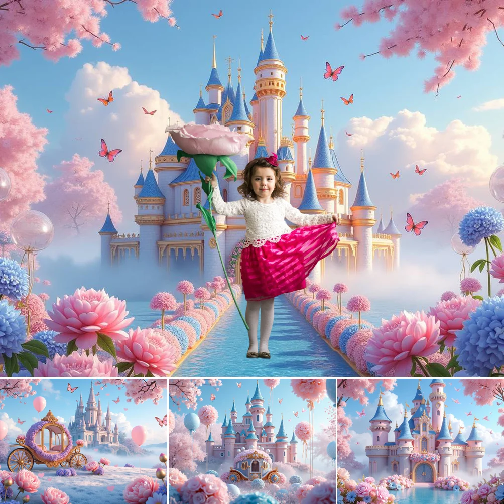 

MOON.QG Girl Birthday Backdrop Pink Car Garden Castle Flower Backgrounds for Photographs Party Decoration Child Shooting Props