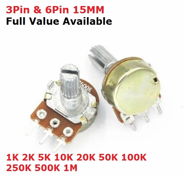 5 uds WH148 B 1K 2K 5K 10K 20K 50K 100K 250K 500K 1M 3Pin 6pin 15mm amplificador de eje potenciómetro estéreo Dual B1/2/5/10/50/100K