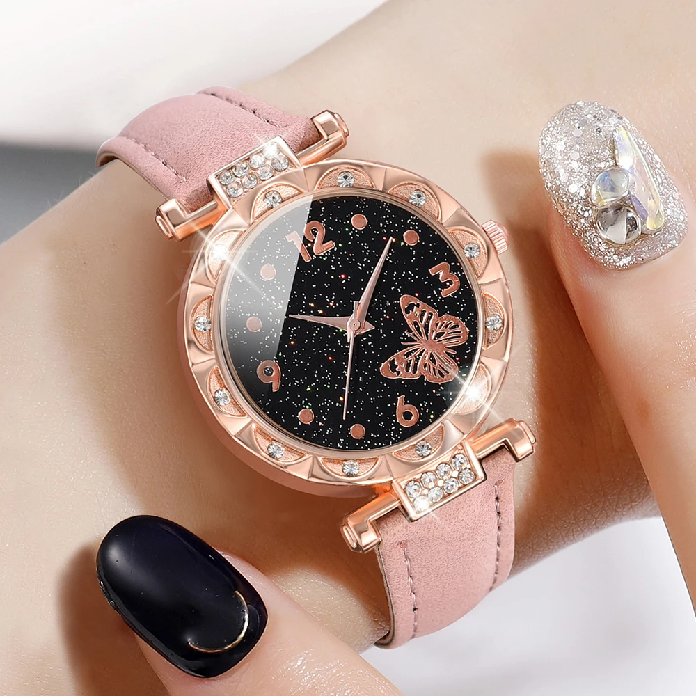 6 PCS/Set For Women\'s Elegant Butterfly Quartz Wristwatch PU Leather Watch And Pearl Jewelry Set As A Gift For Girls