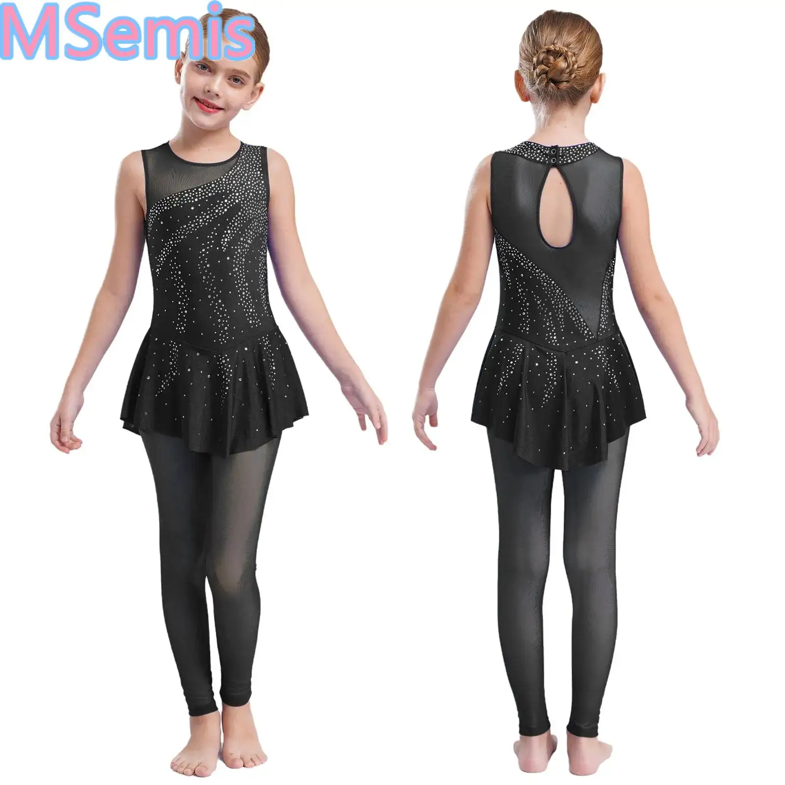 

Kids Girls Dance Skirted Leotard Gymnastics Jumpsuit Keyhole Back Ankle Length Shiny Rhinestones Bodysuit for Performance