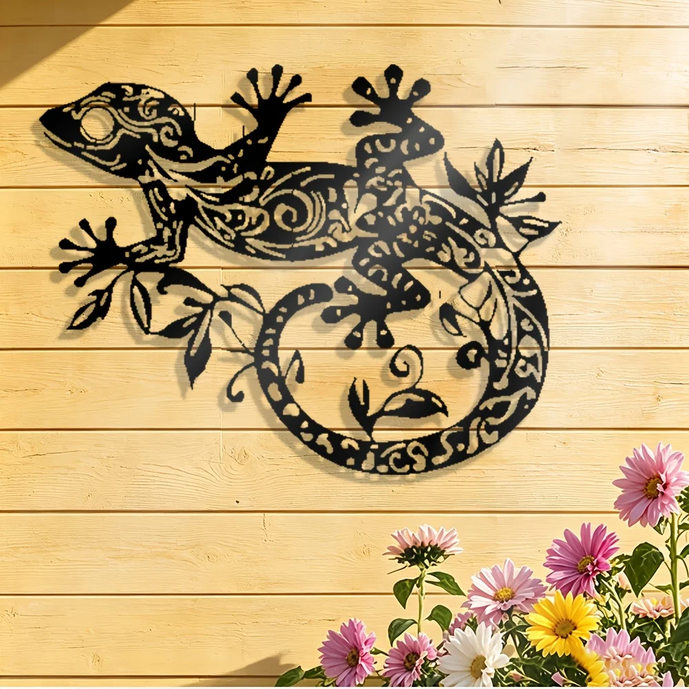 Floral gecko metal wall art, ornate lizard iron wall decor, patterned gecko silhouette wall sculpture