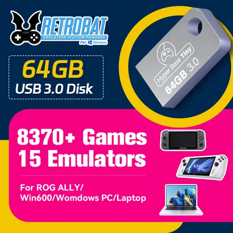 64GB Portable USB 3.0 Game Disk Retrobat OS with 8300+ Games 15 Emulators for PSP/DC/N64/NES/SNES for ROG ALLY/Windows PC/Laptop
