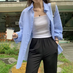 Spring Vintage Striped Oversize Shirt Women Casual Long Sleeve Loose Shirt Top Femme Sweet Girls Single Breasted Blouses