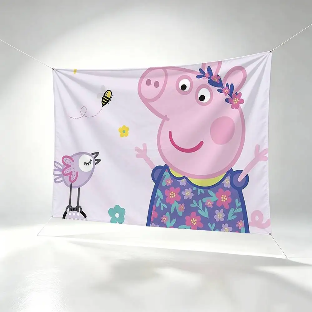 Kids Cartoon P-Peppa-a Pig  Flags Wall Hanging Background Art Banner for Bedroom Home Outdoor Decor