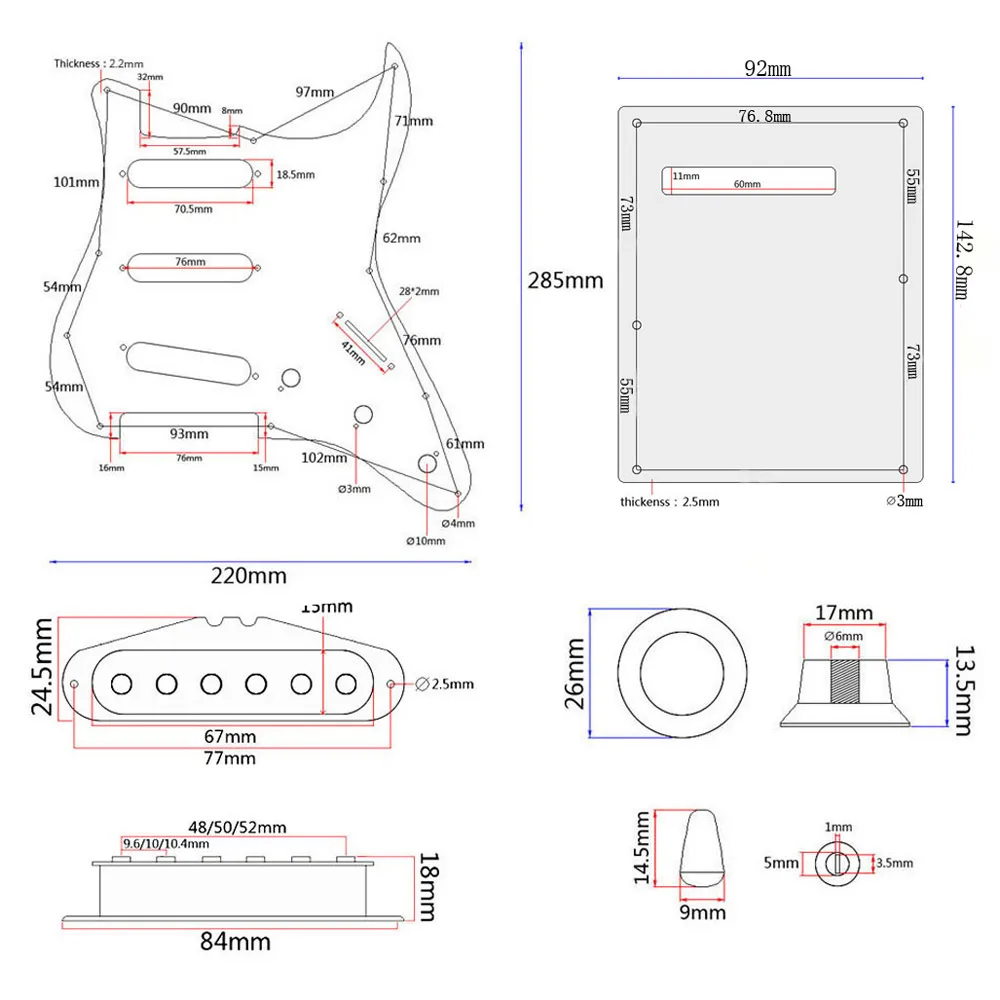 ST model gitar listrik Set lengkap Aksesori DIY Kit termasuk pelindung pick gitar pra-kabel jembatan SSS pickup dan aksesoris lainnya hitam