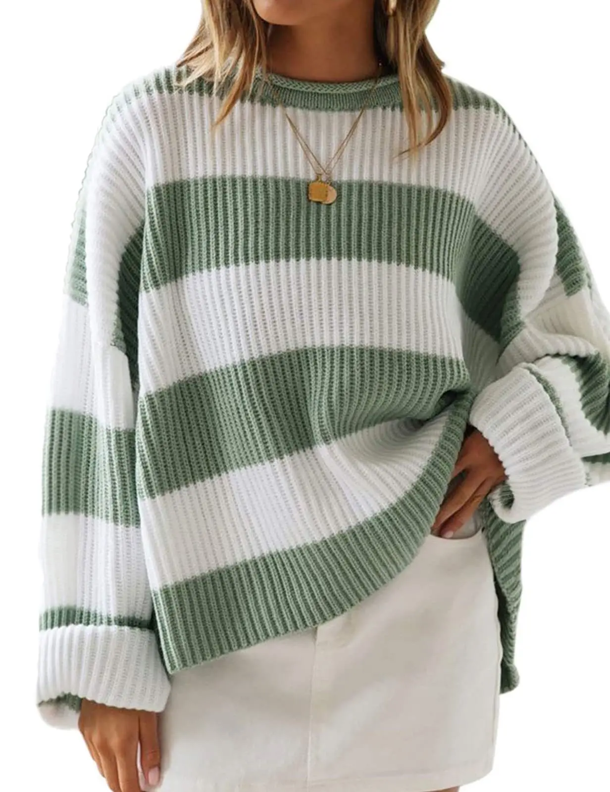 Temperament Crew Neck Long Sleeve Knitwear Women\'s Autumn and Winter Stripes Loose Casual Comfortable Simple Sweater Top Women